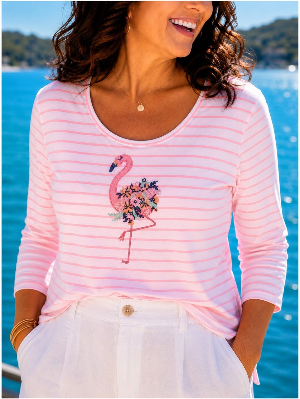 Coral Bay Pink Flamingo Striped Tunic Top Petite XL Resortwear Coastal Grandma